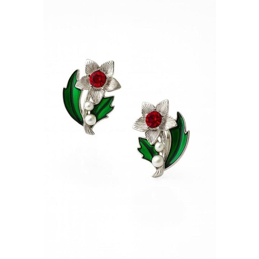 Floral Red Gem and Pearlesque Leaf Earrings Clip on